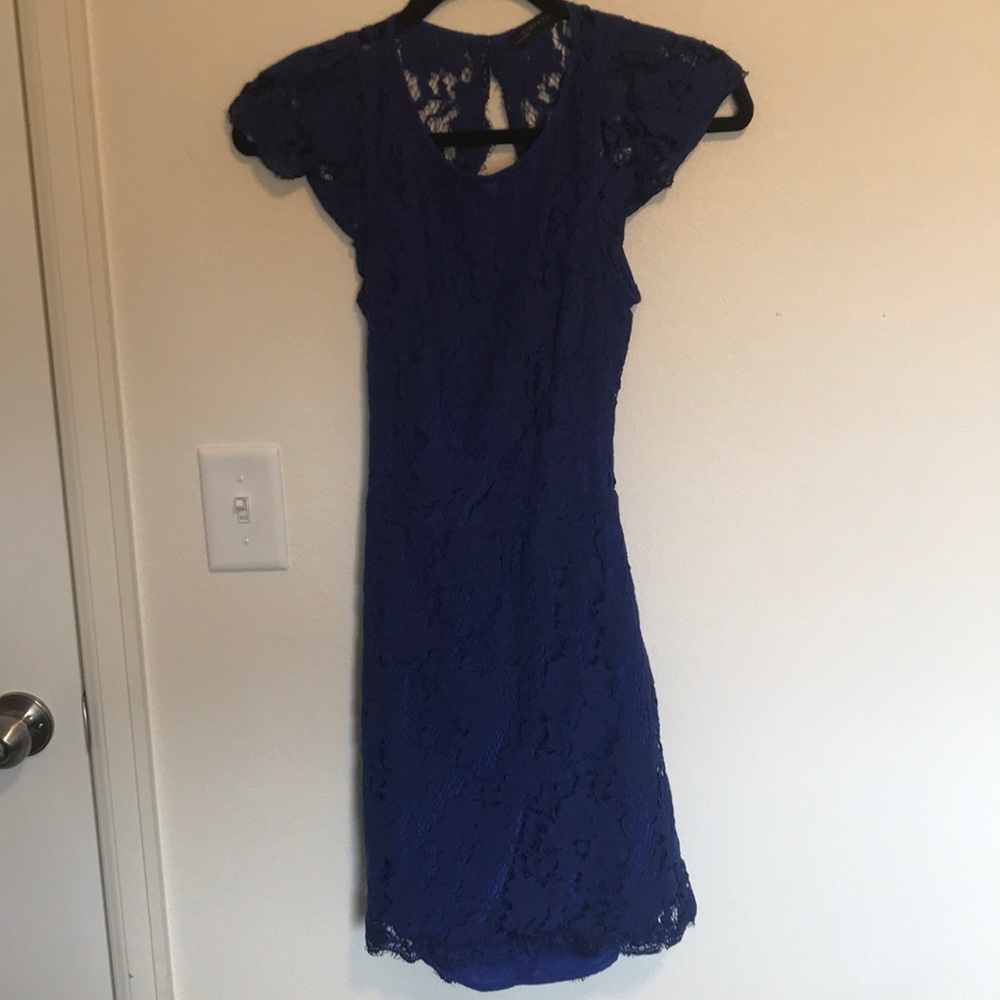 Royal blue lace open back mini dress